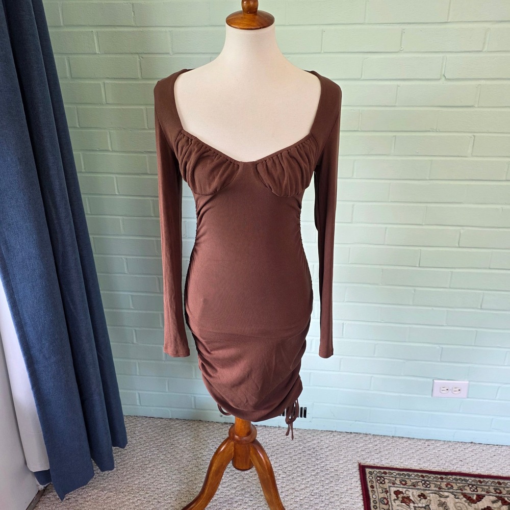 Princess Polly Brown Ribbed Long Sleeve Ruched Mini Dress Size US 8 sexy bold